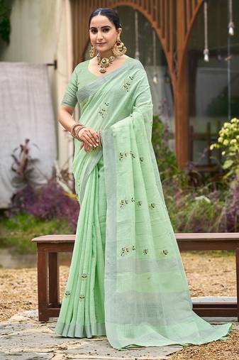 Green color beautiful linen fabric sophisticated ethnic saree