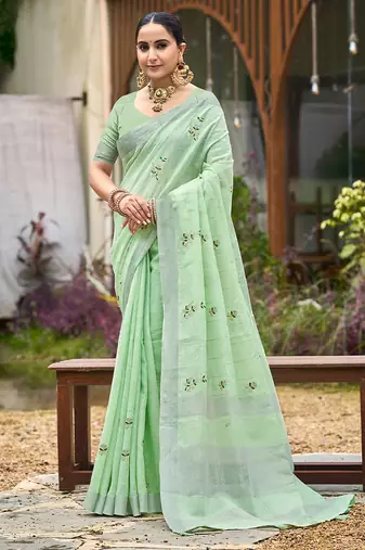 Green color beautiful linen fabric sophisticated ethnic saree