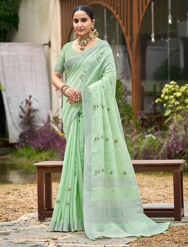 Green color beautiful linen fabric sophisticated ethnic saree