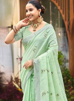 Green linen sophisticated ethnic saree 2