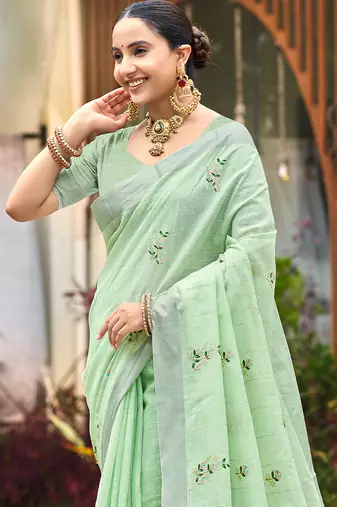 Green linen sophisticated ethnic saree