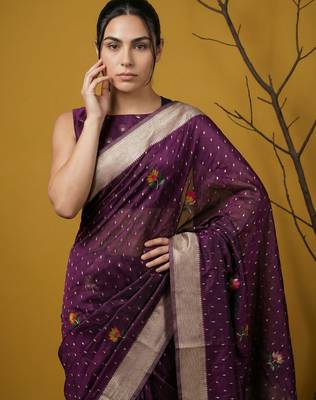 soft organza meenakari woven saree with jamdani zari pallu and brocade blouse 2