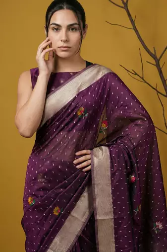 soft organza meenakari woven saree with jamdani zari pallu and brocade blouse