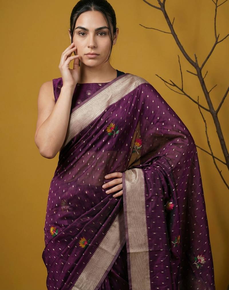 soft organza meenakari woven saree with jamdani zari pallu and brocade blouse