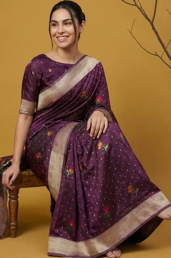 soft organza meenakari woven saree with jamdani zari pallu and brocade blouse
