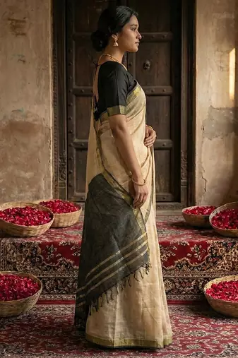 Beige stylish cotton woven partywear saree