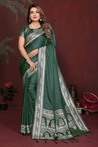 Green color satin silk fabric woven jari designer sophisticated saree