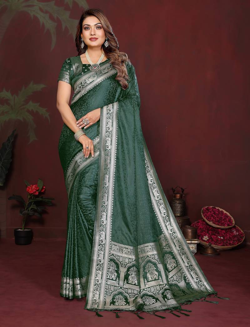 Green color satin silk fabric woven jari designer sophisticated saree