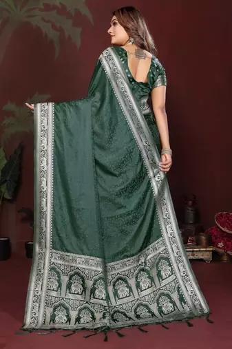 Green satin silk blend woven zari sophisticated saree