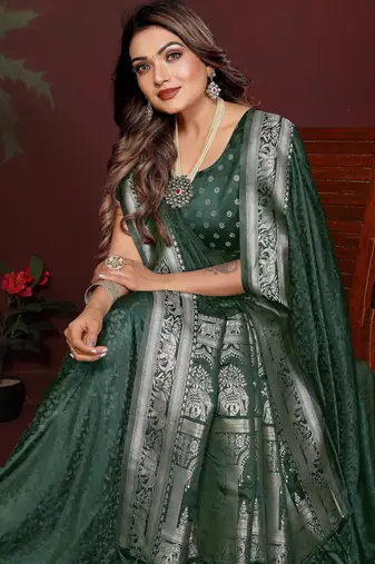Green satin silk blend woven zari sophisticated saree
