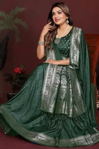Green satin silk blend woven zari sophisticated saree