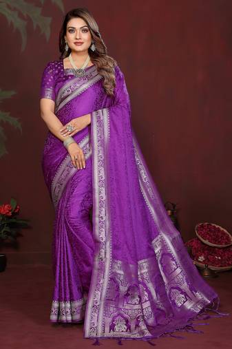 Purple color satin silk fabric woven jari designer sophisticated saree