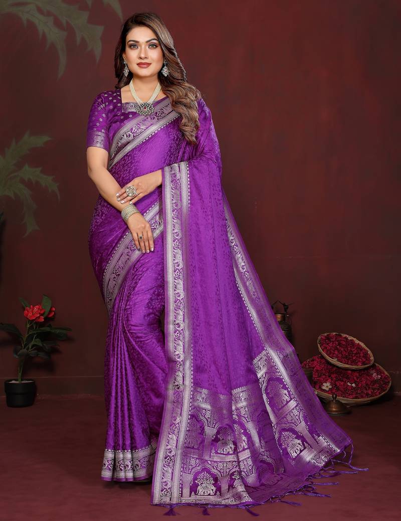 Purple color satin silk fabric woven jari designer sophisticated saree