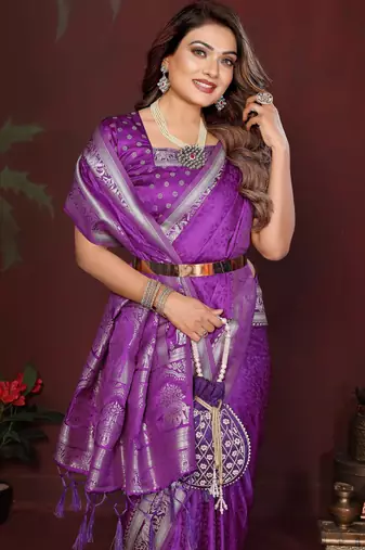 Purple satin silk blend woven zari sophisticated saree