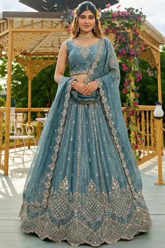 Stunning Blue Dori Work Satin Reception Wear Lehenga Choli