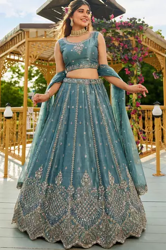 Stunning Blue Dori Work Satin Reception Wear Lehenga Choli