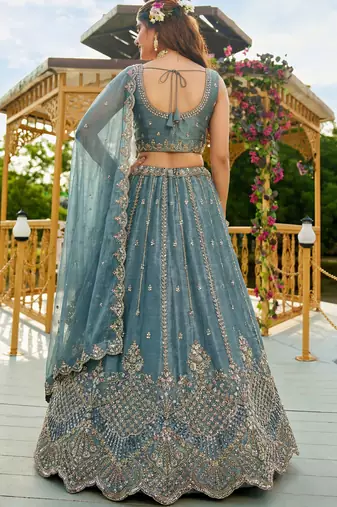 Stunning Blue Dori Work Satin Reception Wear Lehenga Choli