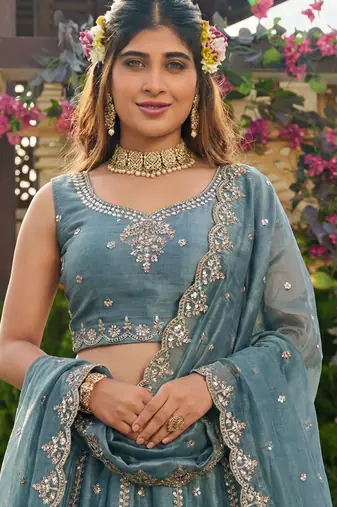 Stunning Blue Dori Work Satin Reception Wear Lehenga Choli