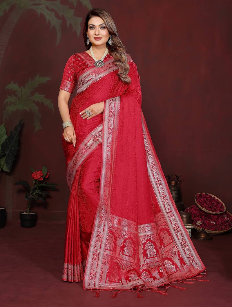 Red color satin silk fabric woven jari designer sophisticated saree