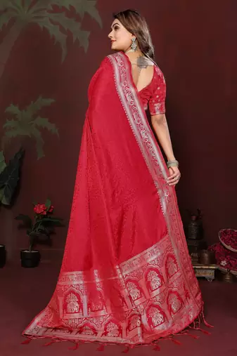 Red satin silk blend woven zari sophisticated saree