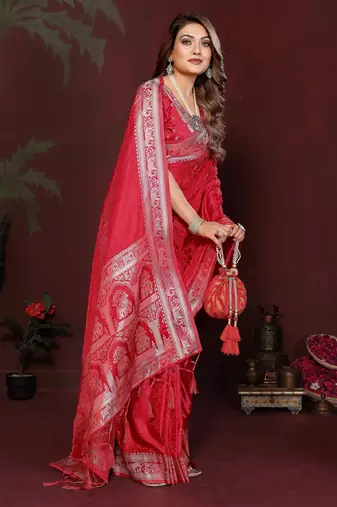Red satin silk blend woven zari sophisticated saree