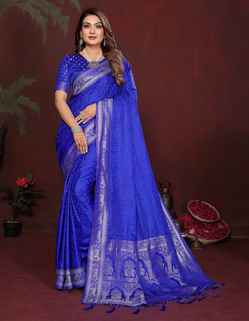 Blue color satin silk fabric woven jari designer sophisticated saree