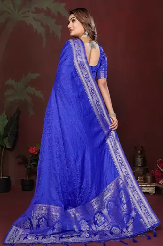 Blue satin silk blend woven zari sophisticated saree