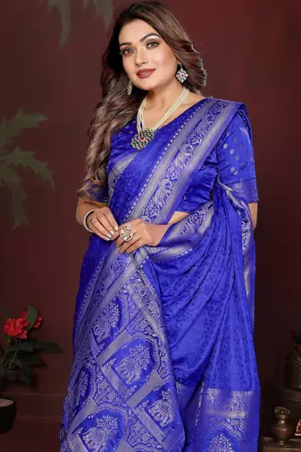 Blue satin silk blend woven zari sophisticated saree
