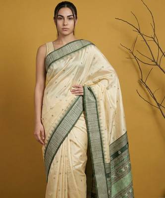 handloom soft art silk saree with zari woven motifs contrast traditional border 1