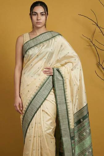 handloom soft art silk saree with zari woven motifs contrast traditional border
