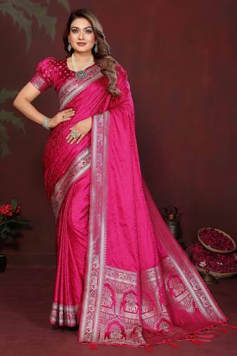 Pink color satin silk fabric woven jari designer sophisticated saree