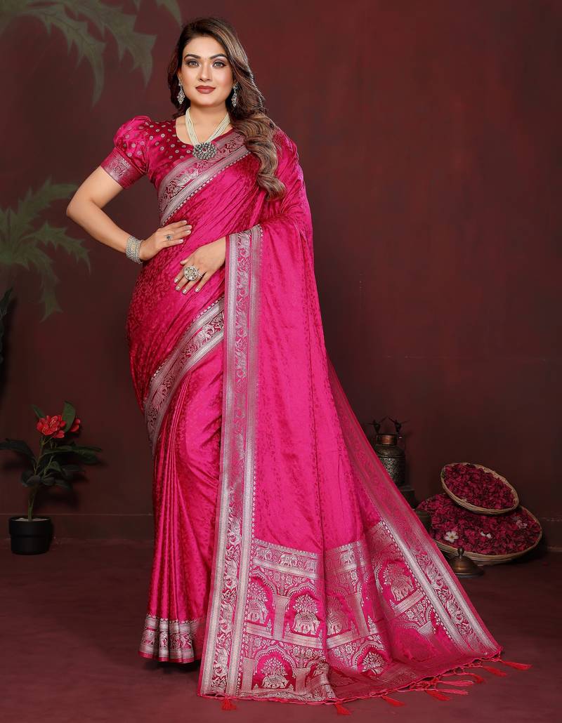 Pink color satin silk fabric woven jari designer sophisticated saree