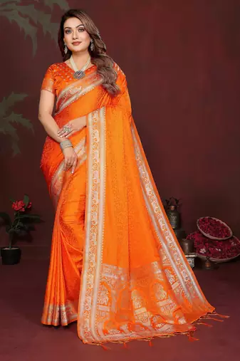 Orange color satin silk fabric woven jari designer sophisticated saree