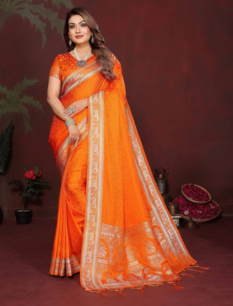 Orange color satin silk fabric woven jari designer sophisticated saree