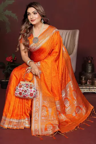 Orange satin silk blend woven zari sophisticated saree