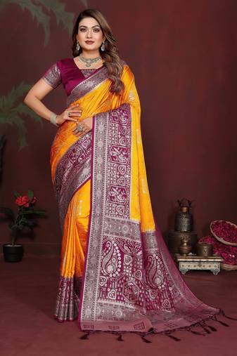 Yellow color satin silk fabric woven jari designer graceful partywear saree