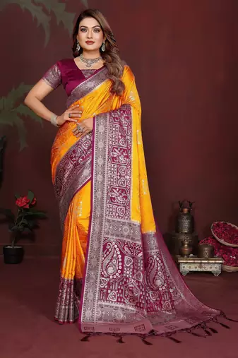 Yellow color satin silk fabric woven jari designer graceful partywear saree