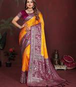 Yellow color satin silk fabric woven jari designer graceful partywear saree