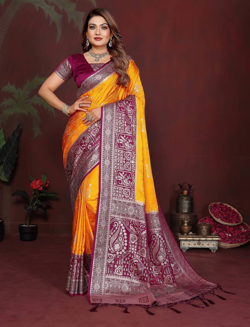 Yellow color satin silk fabric woven jari designer graceful partywear saree