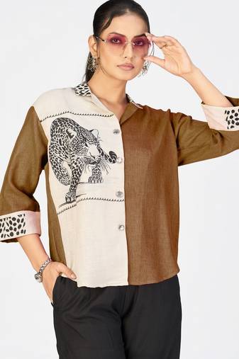 Women’s brown & cream cotton linen leopard embroidered shirt