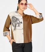 Women’s brown & cream cotton linen leopard embroidered shirt