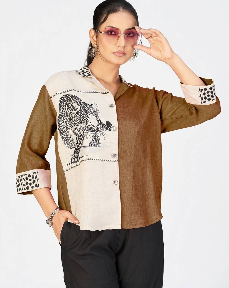 Women’s brown & cream cotton linen leopard embroidered shirt