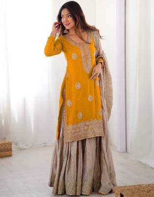 Yellow women chinon silk embroidered top sharara set with pearl work & dupatta 1