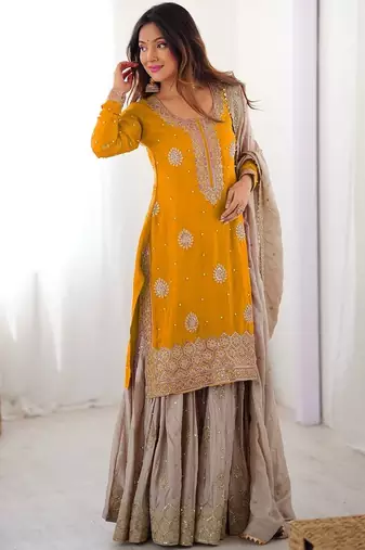 Yellow women chinon silk embroidered top sharara set with pearl work & dupatta