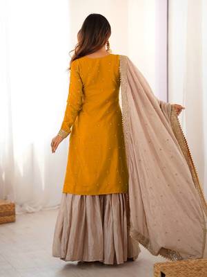 Yellow women chinon silk embroidered top sharara set with pearl work & dupatta 2