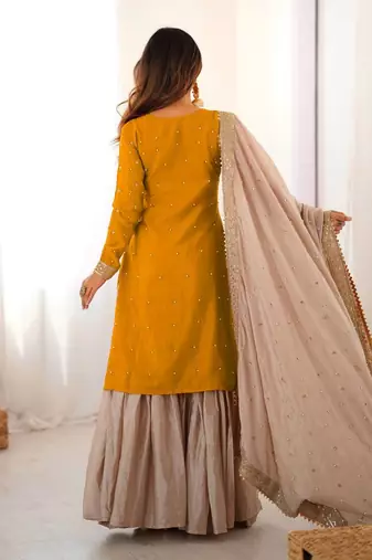 Yellow women chinon silk embroidered top sharara set with pearl work & dupatta