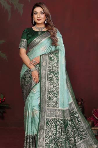 Sea green color satin silk fabric woven jari designer graceful partywear saree