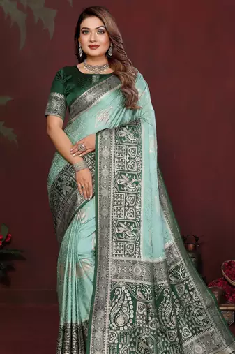 Sea green color satin silk fabric woven jari designer graceful partywear saree