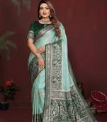 Sea green color satin silk fabric woven jari designer graceful partywear saree