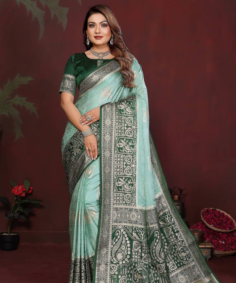 Sea green color satin silk fabric woven jari designer graceful partywear saree